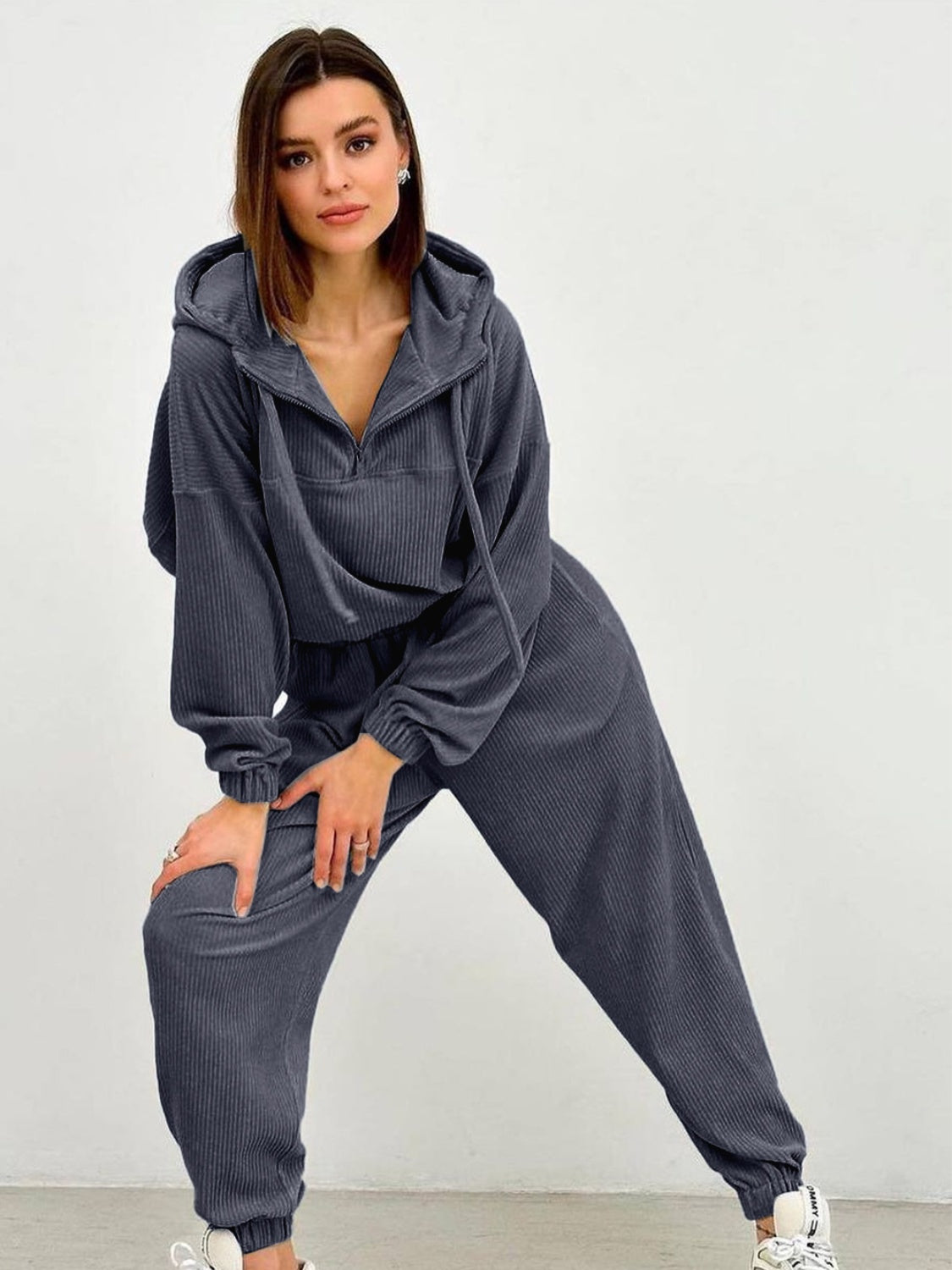 Half Zip Drawstring Hoodie and Pants Set